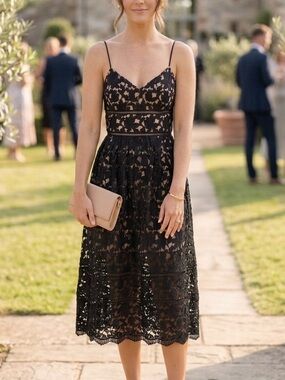 Black Lace Midi Dress Sheer Removable Spaghetti Strap Wedding Guest Event Small